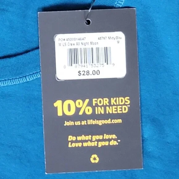 NWT Life Is Good Aqua Classic Fit Crew Neck Long Sleeve Tee Stay Out All Night M - Picture 8 of 10